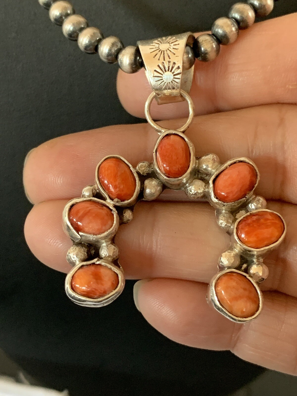 Red Spiny Oyster Naja Pendant Navajo Pearls Sterling Silver Necklace 00326
