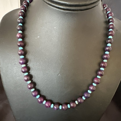 Purple Stone Blue Turquoise Bead Navajo Sterling Silver Necklace 18” 17788