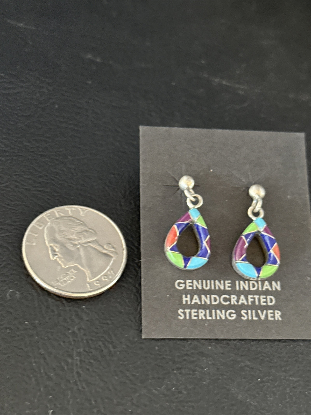 Turquoise Spiny Oyster & Opal Navajo Sterling Silver Inlay Earrings 1” 14411