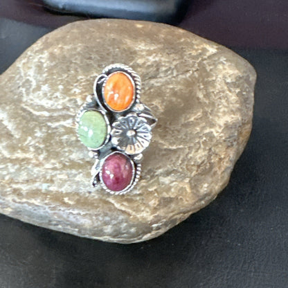 Multicolor Ring Turquoise Spiny Navajo Sterling Silver Cluster Size 8 19169