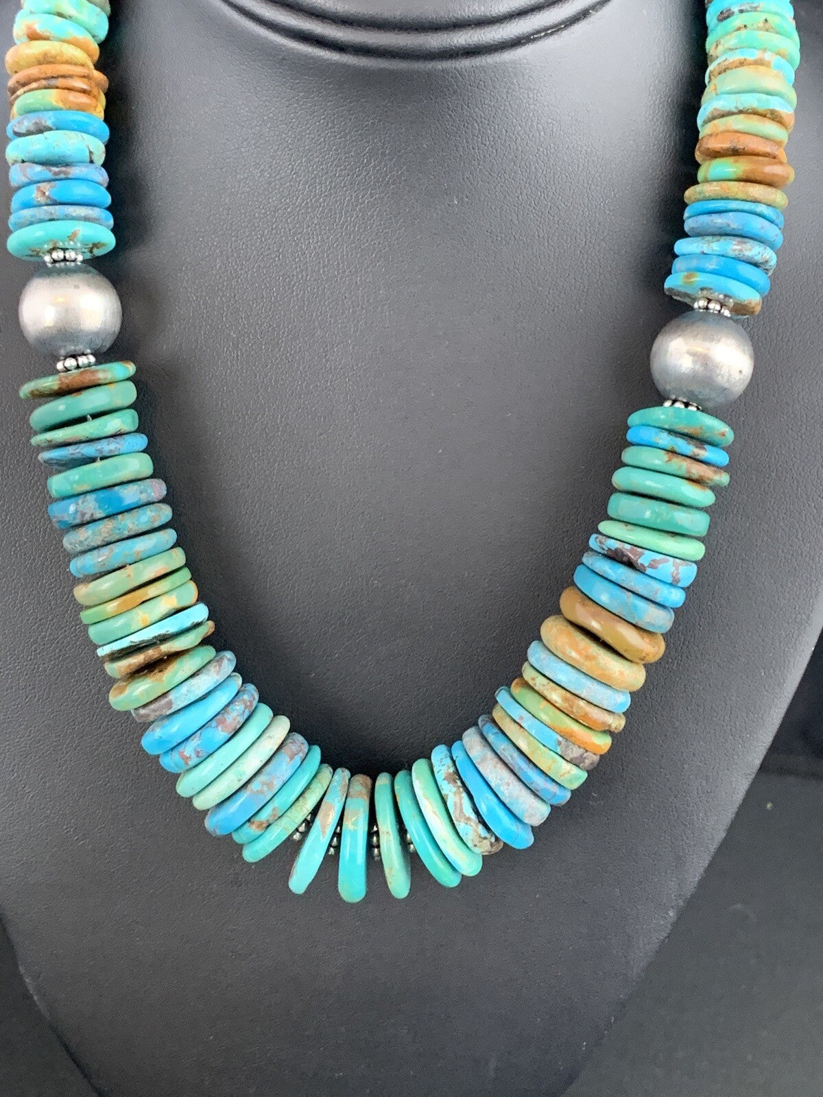 Mens Blue Green Turquoise Navajo Sterling Silver Necklace 00231