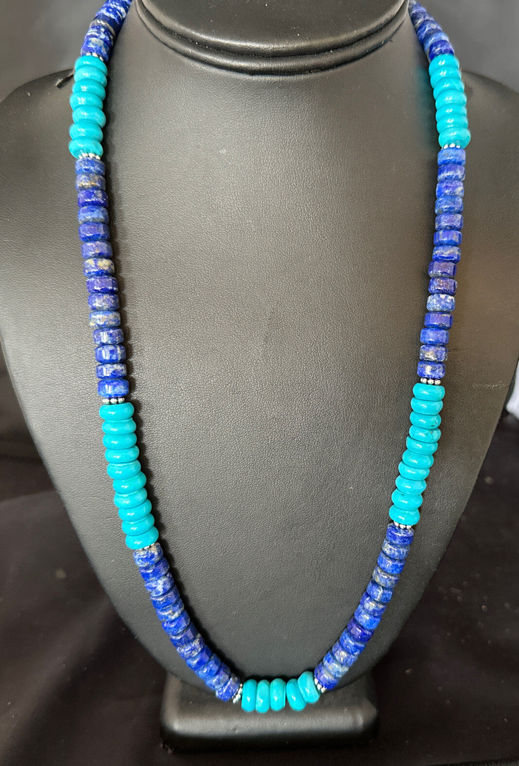 Mens Navajo Beads Lapis Sterling Silver Necklace Turquoise 23” 14941