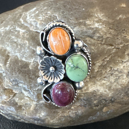 Multicolor Ring Turquoise Spiny Navajo Sterling Silver Cluster Size 7 19179
