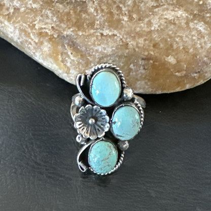 Yazzie Ring Blue Turquoise Navajo Sterling Silver Cluster Size 10 19218