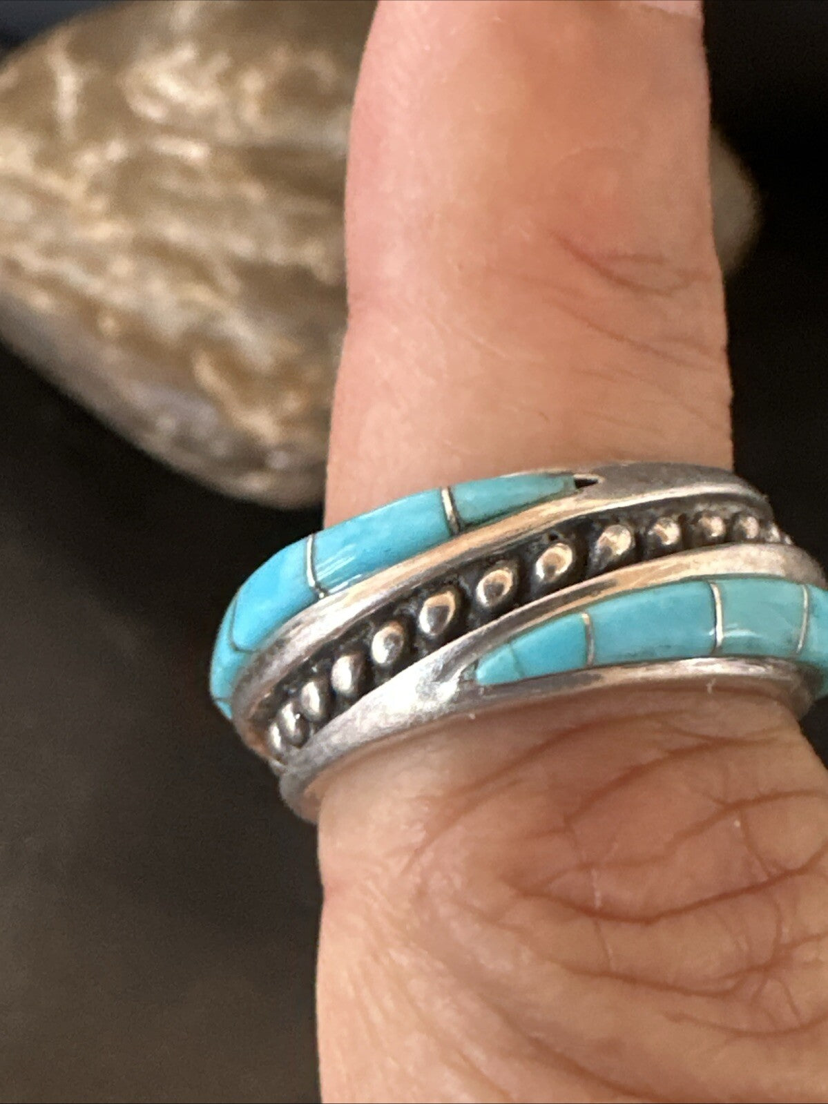 Blue Turquoise Navajo Sterling Silver Inlay Band Ring Size 7 18813