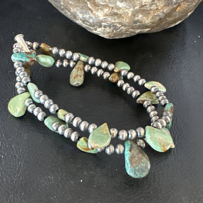 Navajo Sterling Silver Beads Green Turquoise Teardrop Bracelet 2S 7.5" 15259