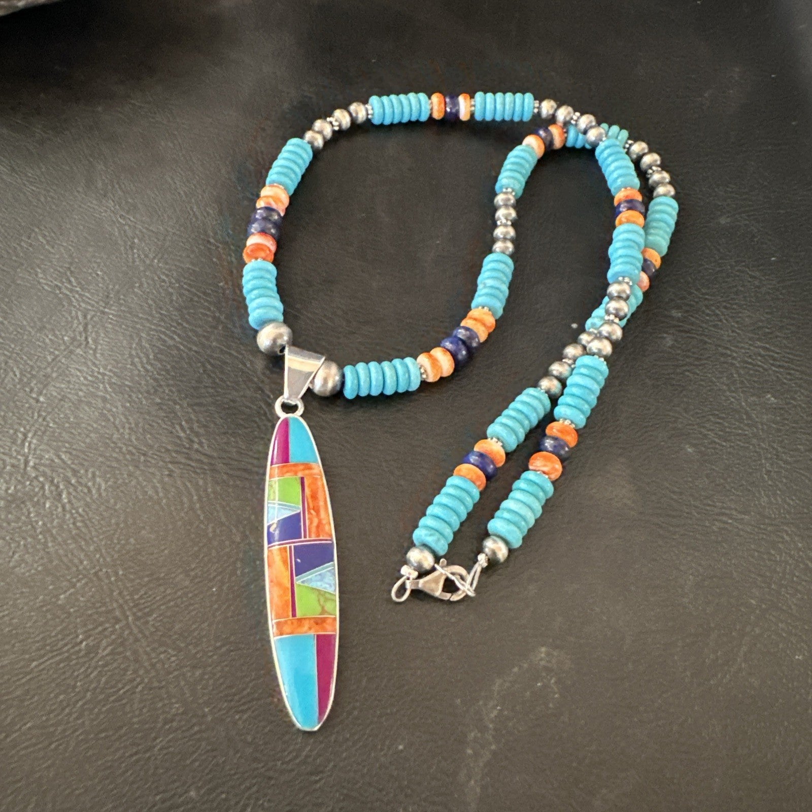 Multicolor Turquoise Spiny Navajo Sterling Silver Inlay Pendant Necklace 19653