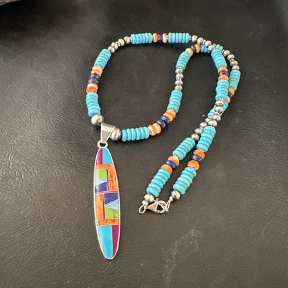 Multicolor Turquoise Spiny Navajo Sterling Silver Inlay Pendant Necklace 19653
