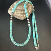 Blue Turquoise 34"Heishi Navajo Pearls Bead Necklace | Sterling Silver | Authentic Native American Handmade | 17256