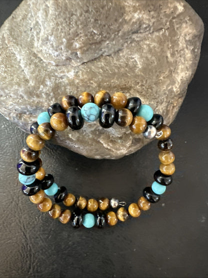 Blue Turquoise Coffee Tigers Eye Navajo Stainless Memory Wire Bracelet 19695
