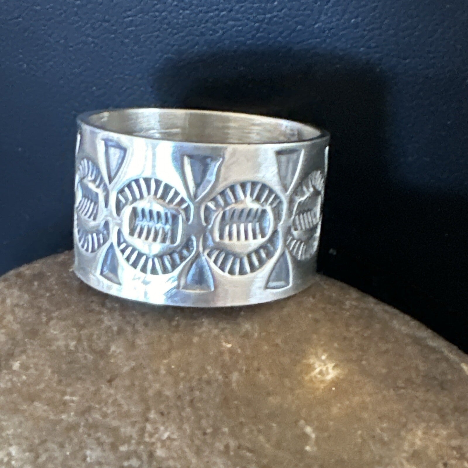 Mens Women Wedding Wide Band Navajo Stamped Sterling Silver Ring Size 10.5 17996