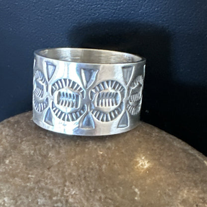 Mens Women Wedding Wide Band Navajo Stamped Sterling Silver Ring Size 10.5 17996