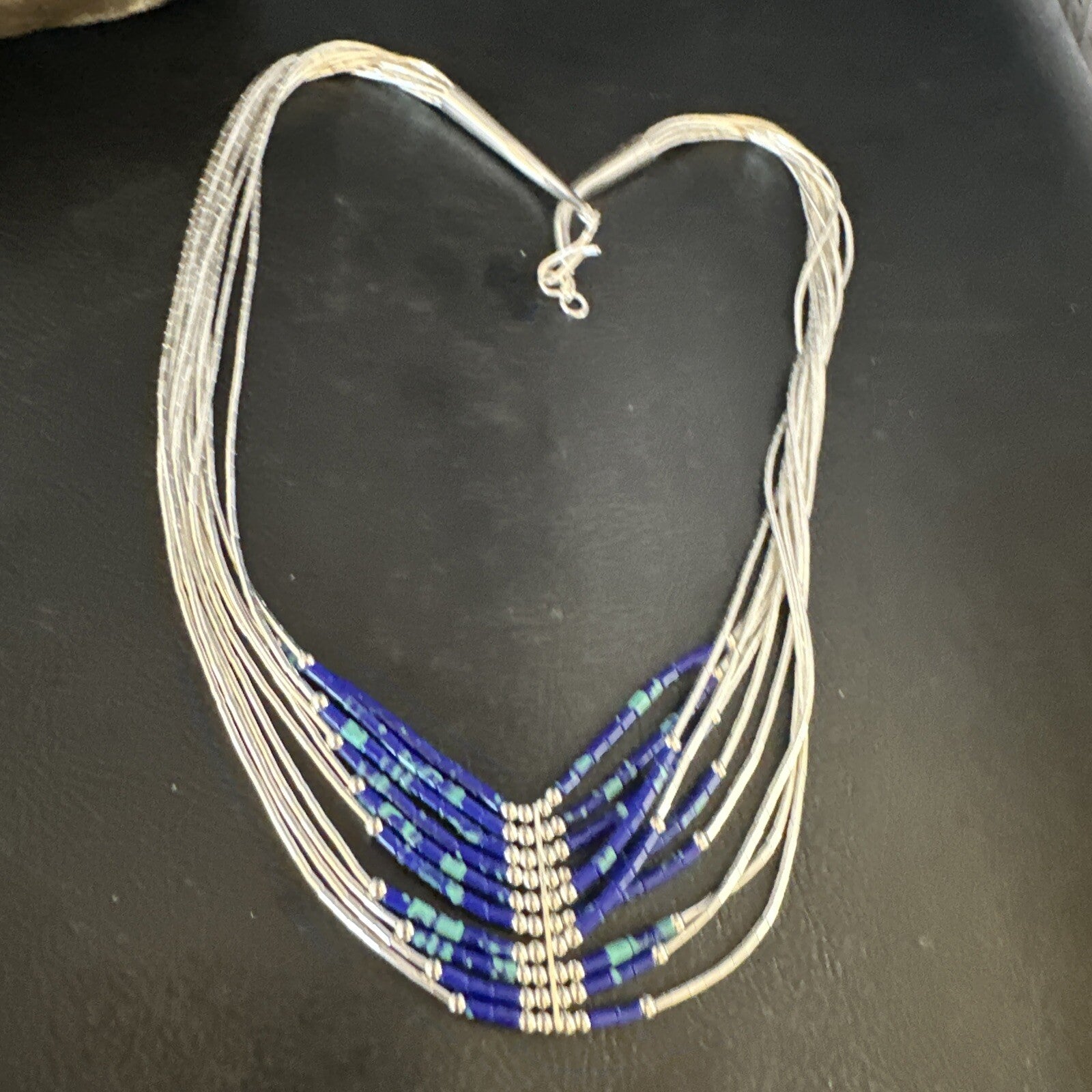 Blue Green Azurite Heishi 10Strand Stabilized Sterling Silver Necklace 18" 15135
