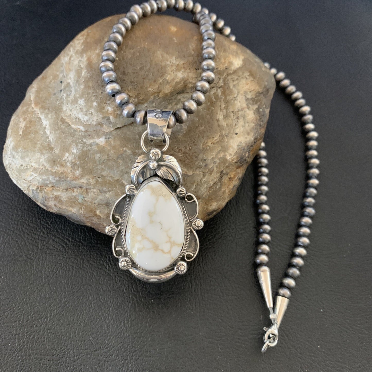 Men White Buffalo Turquoise Pendant Sterling Silver Beads Necklace 12665N