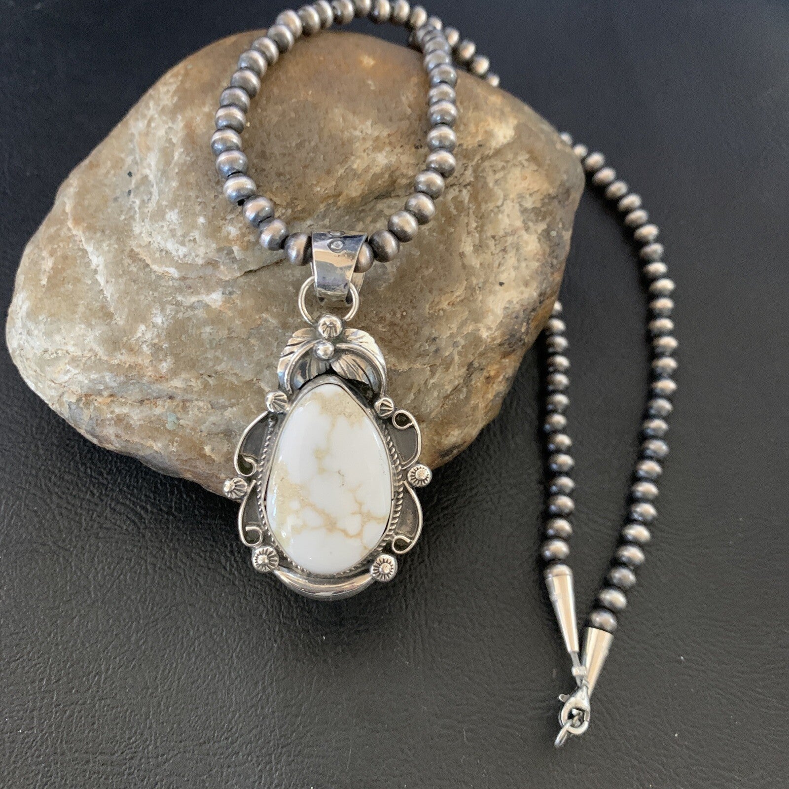 Men White Buffalo Turquoise Pendant Sterling Silver Beads Necklace 12665N
