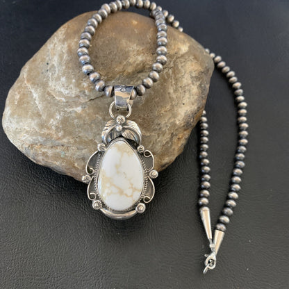 Men White Buffalo Turquoise Pendant Sterling Silver Beads Necklace 12665N