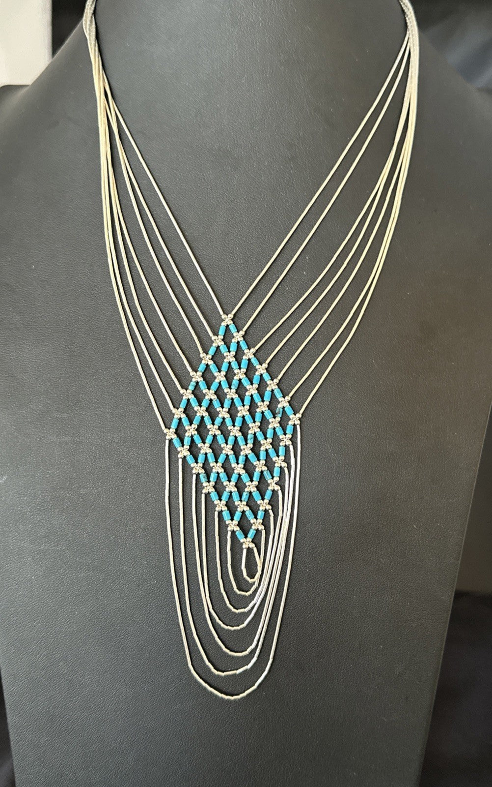 Turquoise Heishi Tubes Pendant 7 Strand Liquid Sterling Silver Necklace 19748