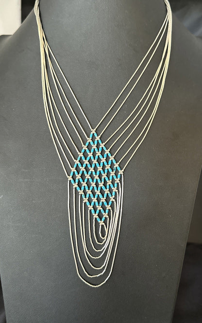Turquoise Heishi Tubes Pendant 7 Strand Liquid Sterling Silver Necklace 19748
