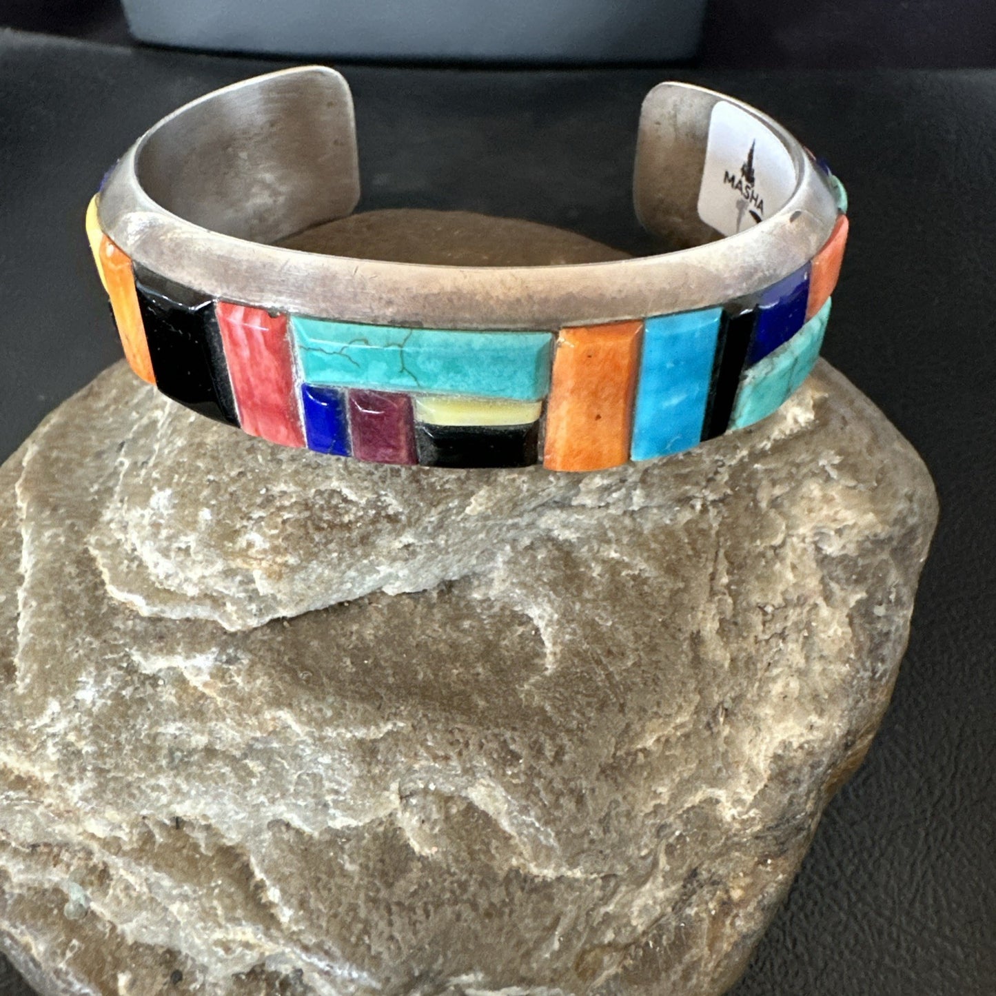 Mens Navajo Black Onyx Coral Turquoise Sterling Silver Cuff Bracelet Inlay 19501