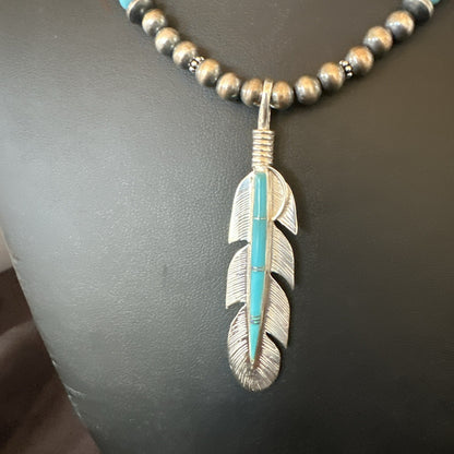 Mens Feather Turquoise Pendant Navajo Sterling Silver Beads Necklace 22" 18669