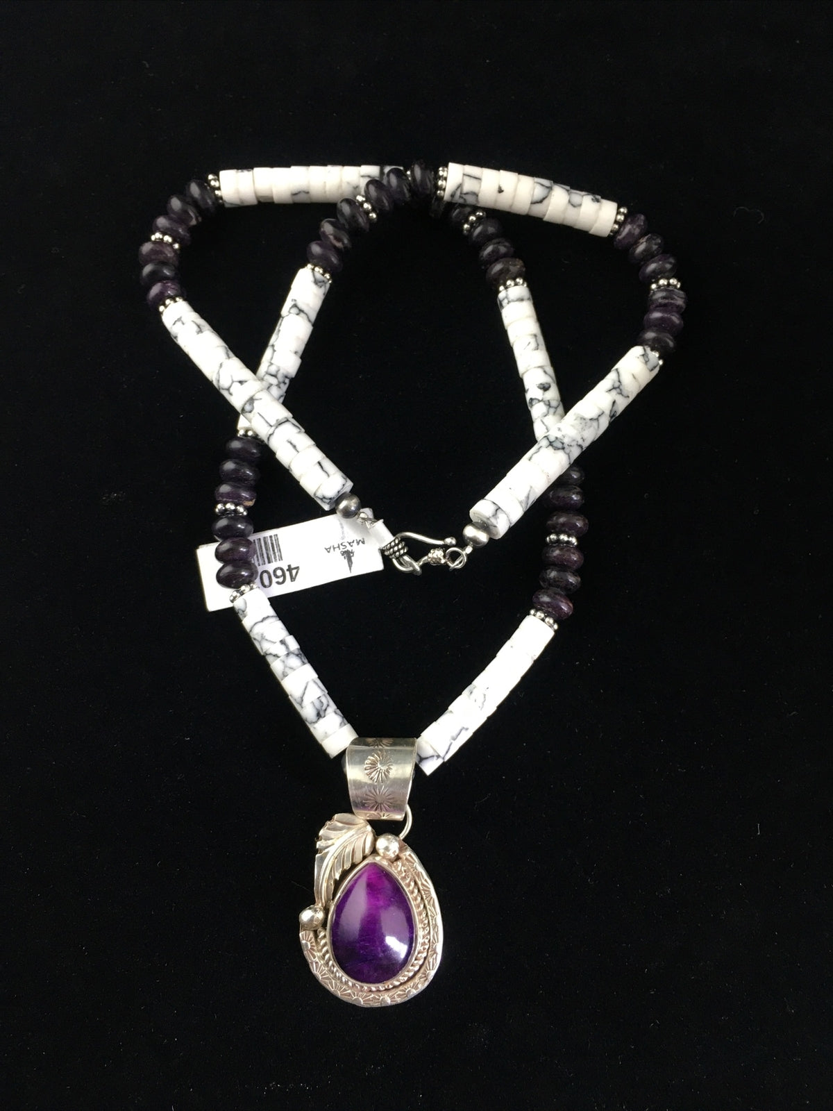 Native  Purple Stone & Howlite Bead Navajo Sterling Silver Necklace 04607