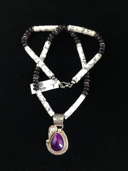 Native  Purple Stone & Howlite Bead Navajo Sterling Silver Necklace 04607