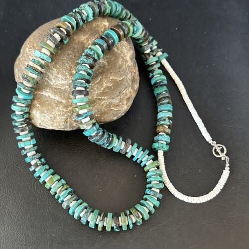 Native Navajo Turquoise Shell Heishi Bead Necklace Sterling 32" 15529