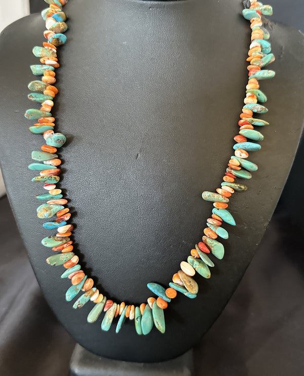 Green Turquoise Spiny Oyster Nugget Necklace 20" | Sterling Silver | Authentic Native American Handmade | 18091