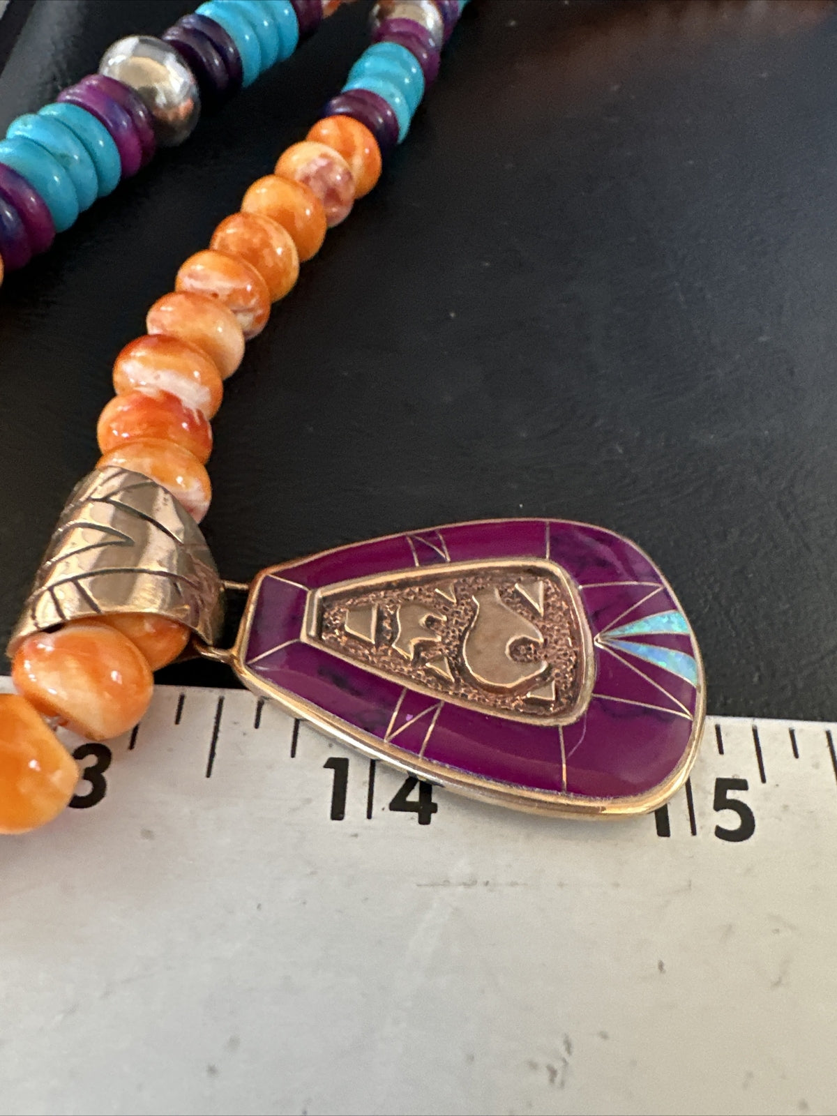 Turquoise Purple Ston Spiny Bronze Pendant Navajo Sterling Silver Necklace 14990