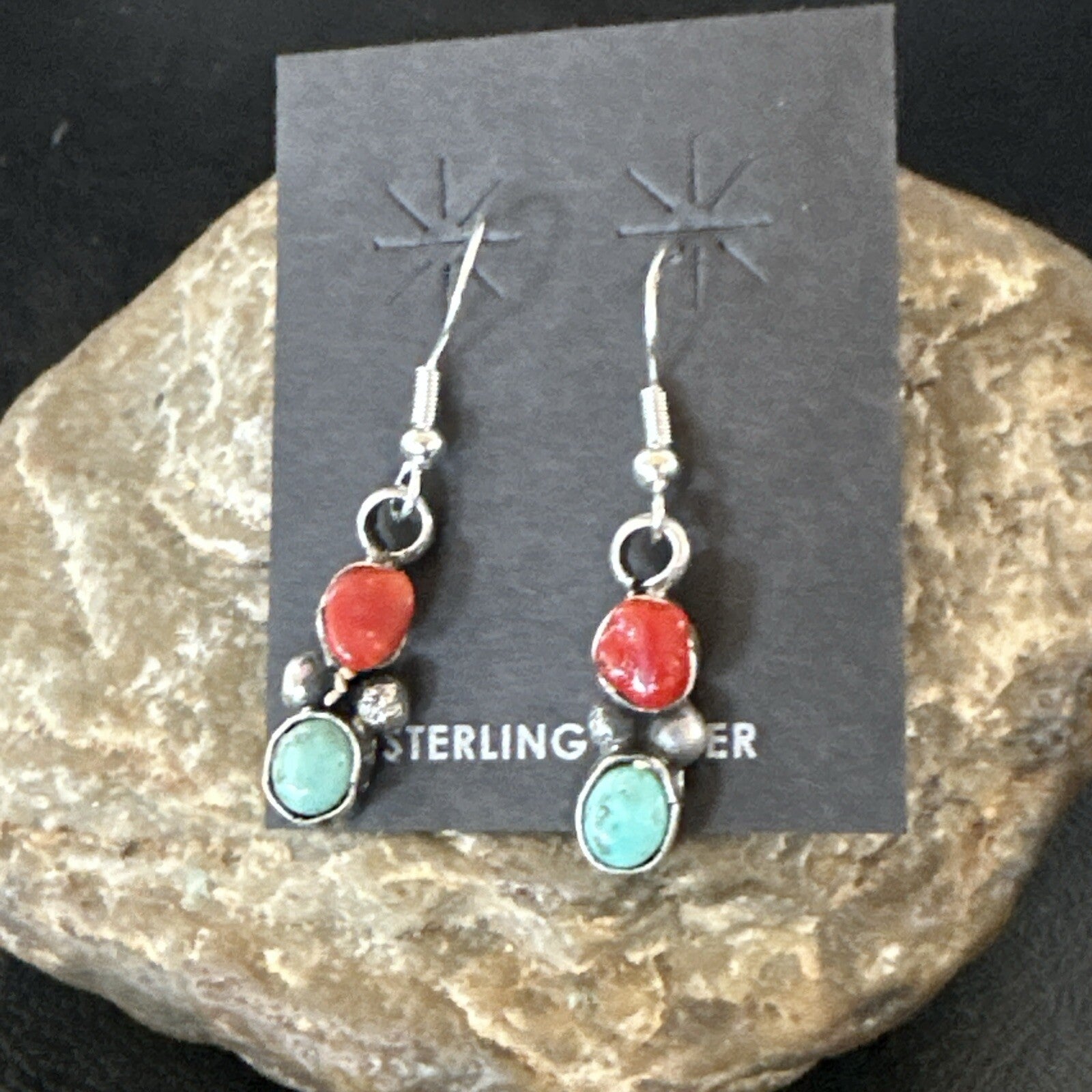 Handmade Blue Turquoise Red Coral Sterling Silver Navajo Dangle Earrings 18841
