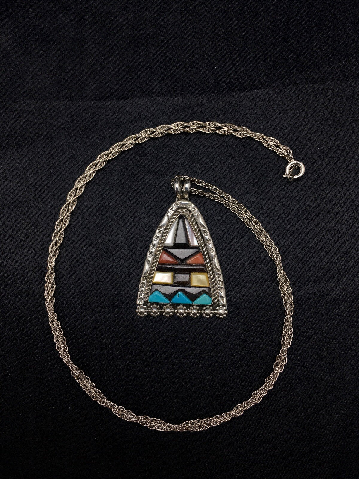 Turquoise Multi-Color Pendant Navajo Indian Sterling Silver Necklace 4093