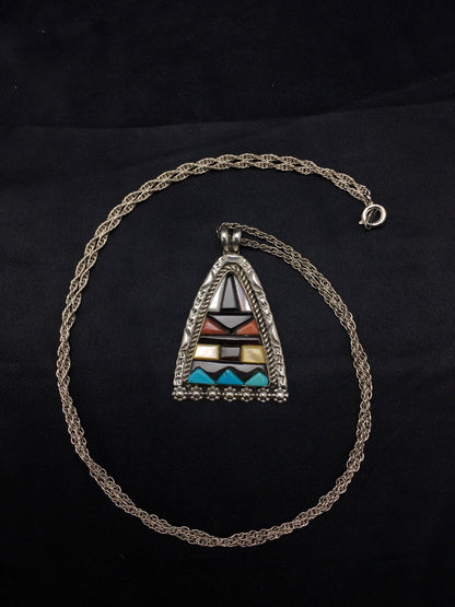 Turquoise Multi-Color Pendant Navajo Indian Sterling Silver Necklace 4093