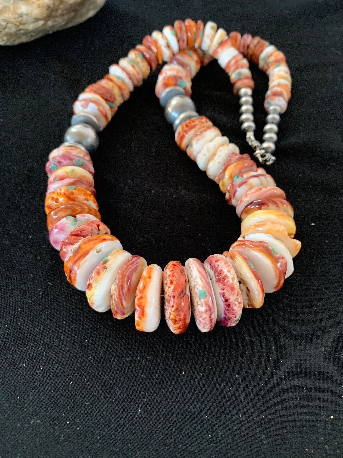 Native Red Spiny Oyster Navajo Pearls Sterling Silver Necklace 20" 03243
