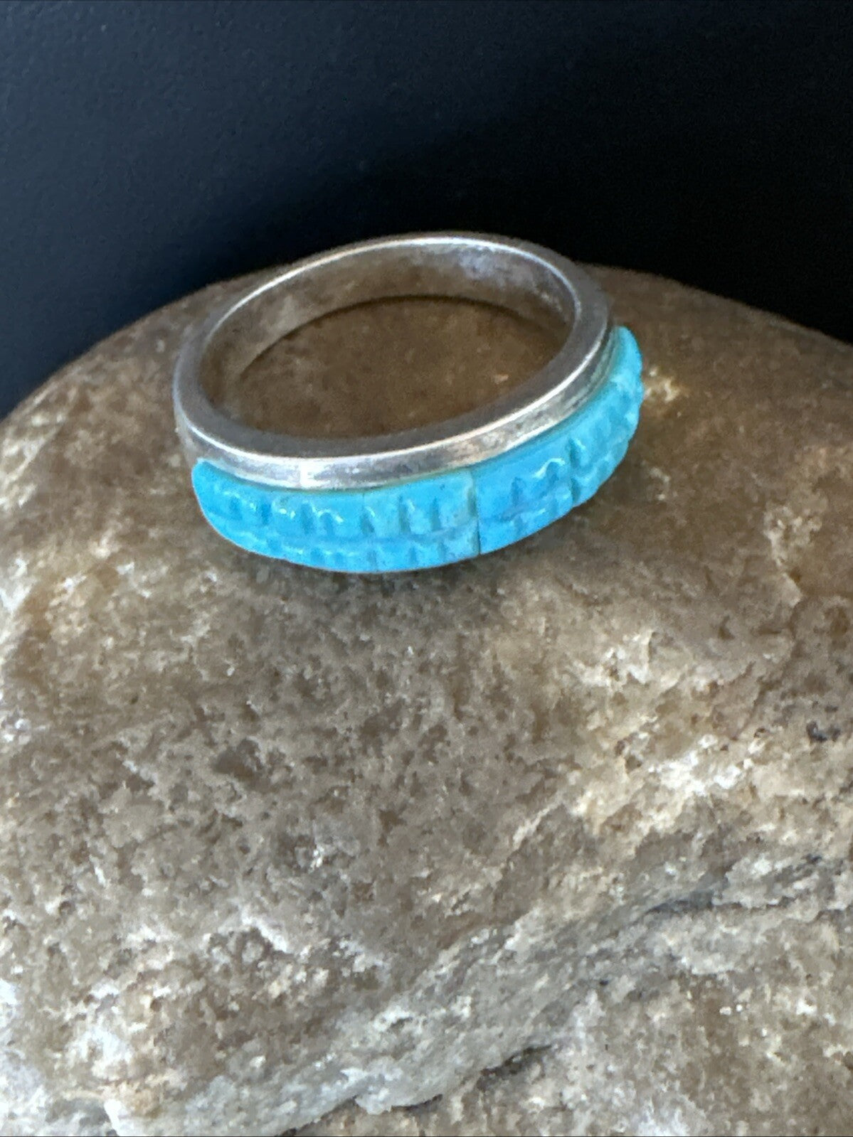 Blue Turquoise Navajo Sterling Silver Corn Inlay Band Ring Size 8.5 18815