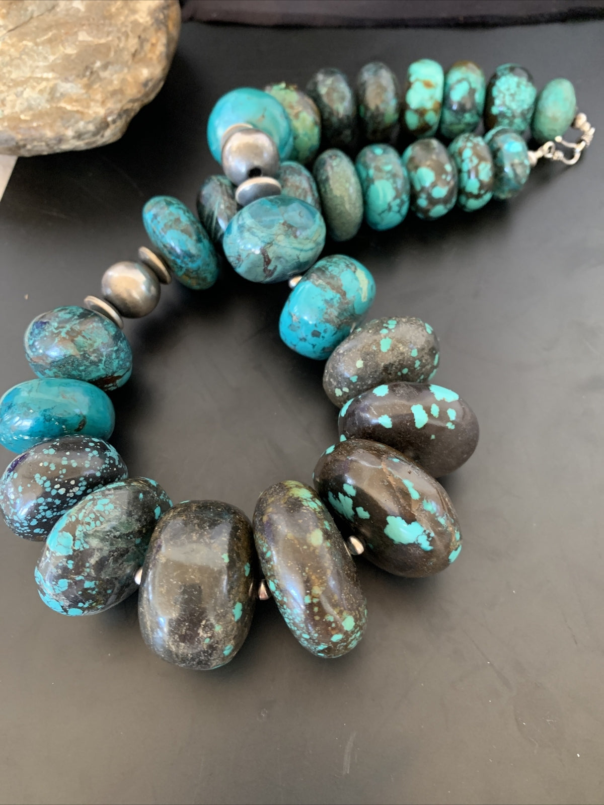 Blue Turquoise Chunky Graduated Navajo Sterling Silver Beads Necklace 11381