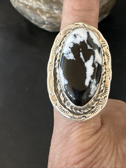 Black White Buffalo Turquoise Navajo Sterling Silver Ring Size 11 19810
