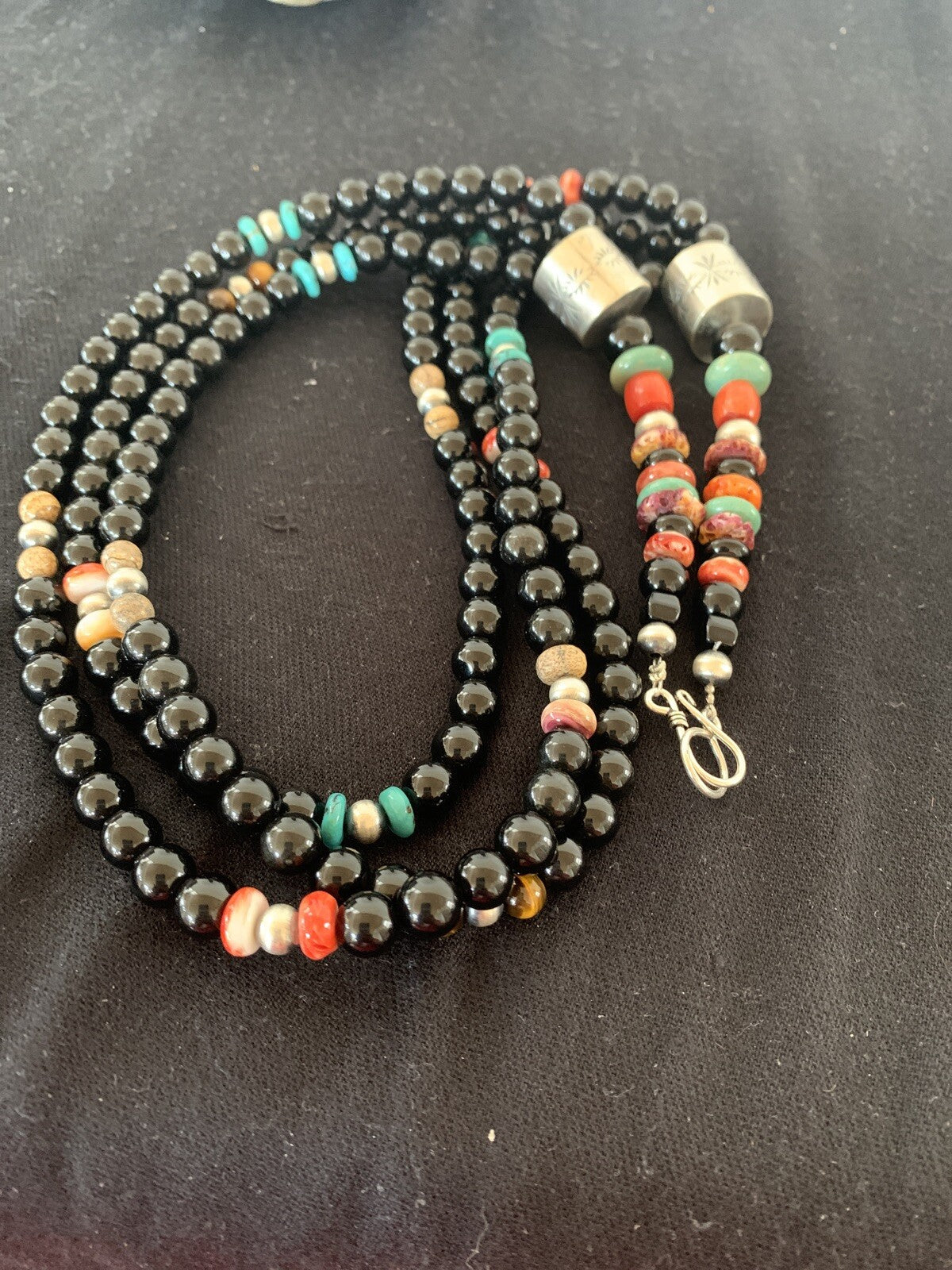 Turquoise Onyx Spiny Picture Jasper Navajo Sterling Silver Necklace 00380