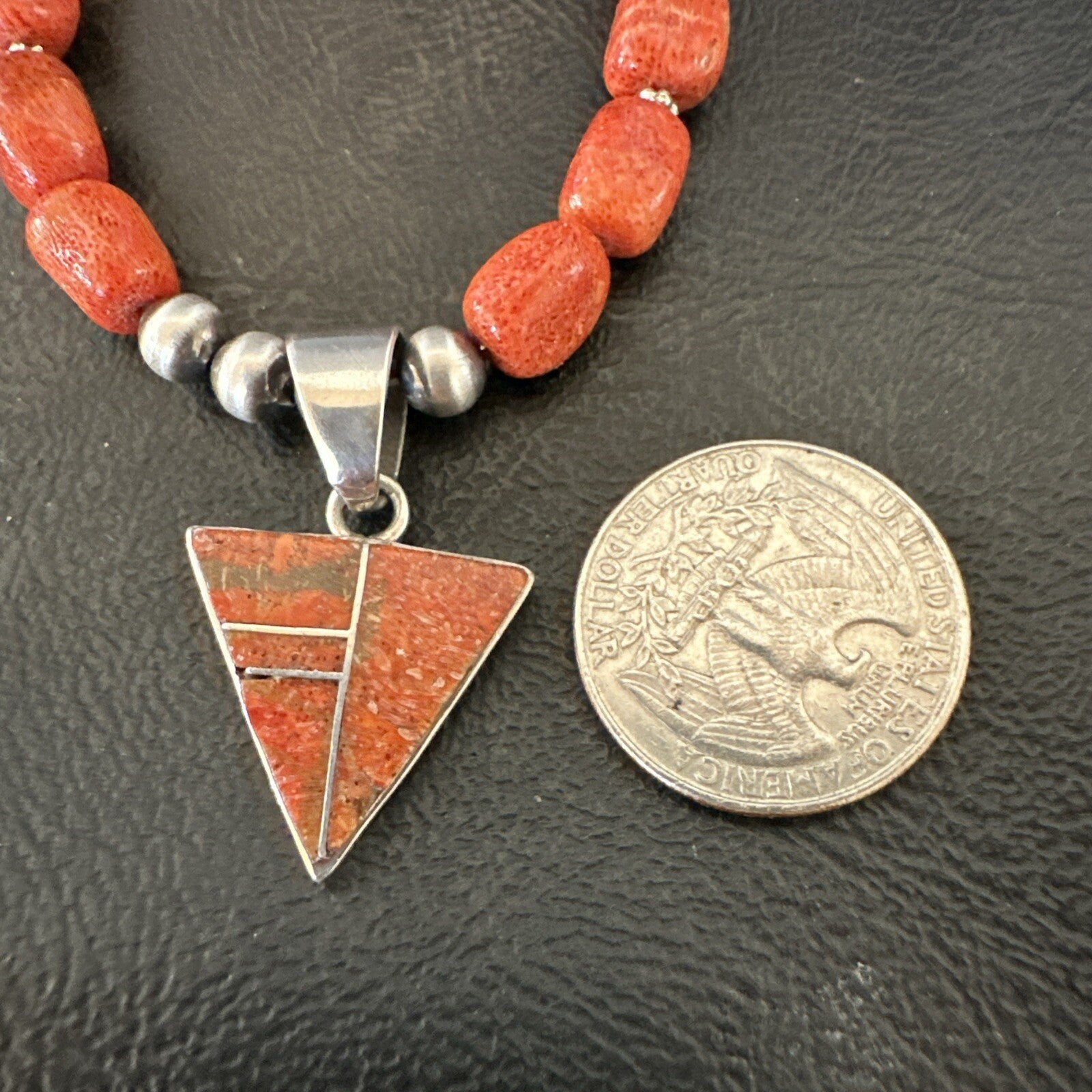 Navajo Apple Sponge Coral Sterling Silver Necklace Inlay Pendant 21” 18684