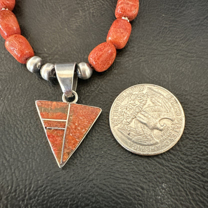 Navajo Apple Sponge Coral Sterling Silver Necklace Inlay Pendant 21” 18684