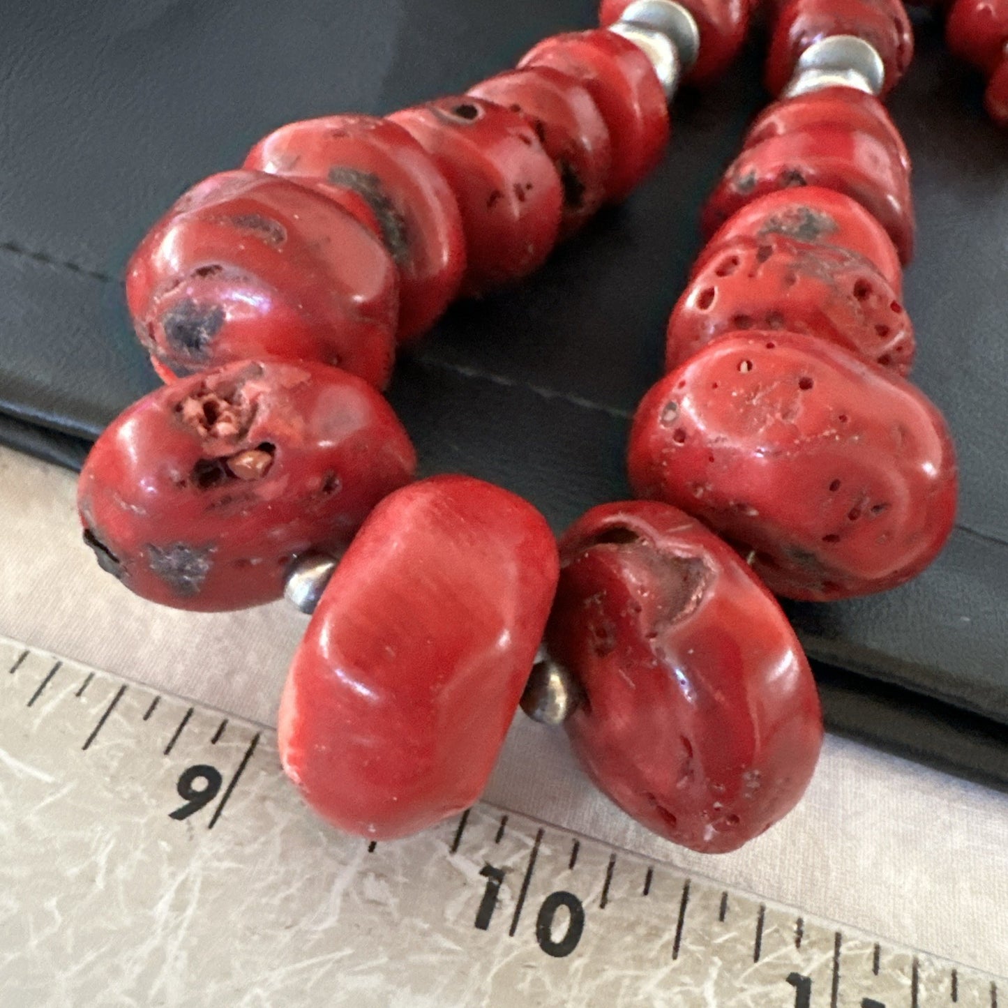 Chunky Navajo Red Bamboo Coral Sterling Silver Bead Necklace 24” Graduated 19532