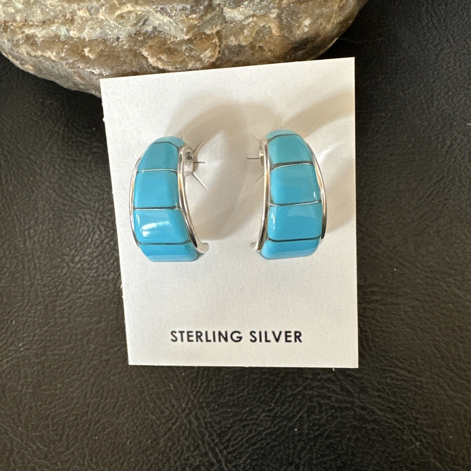 Southwestern Sterling Silver Blue Turquoise Stud Inlay Earrings 1” 19267