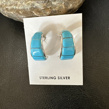 Southwestern Sterling Silver Blue Turquoise Stud Inlay Earrings 1” 19267