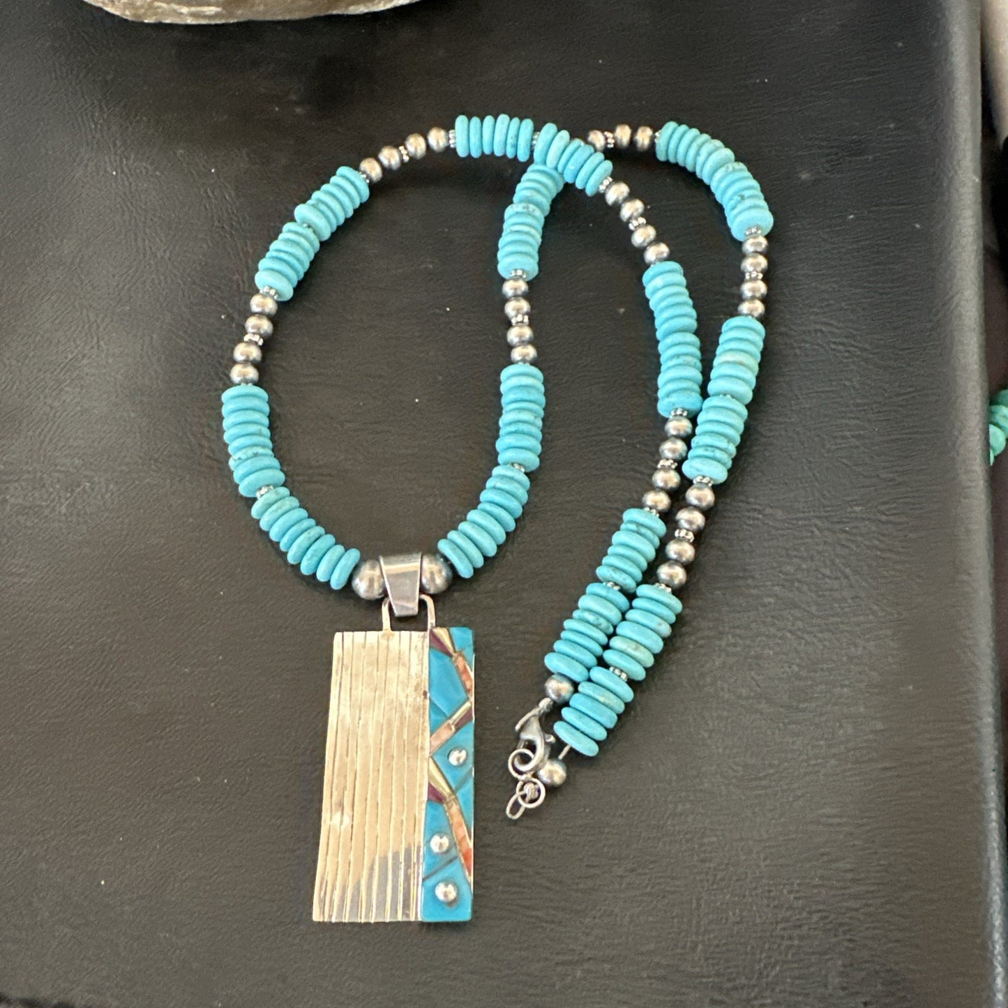 Blue Turquoise Inlay Pendant Navajo Sterling Silver Necklace 20" 19711