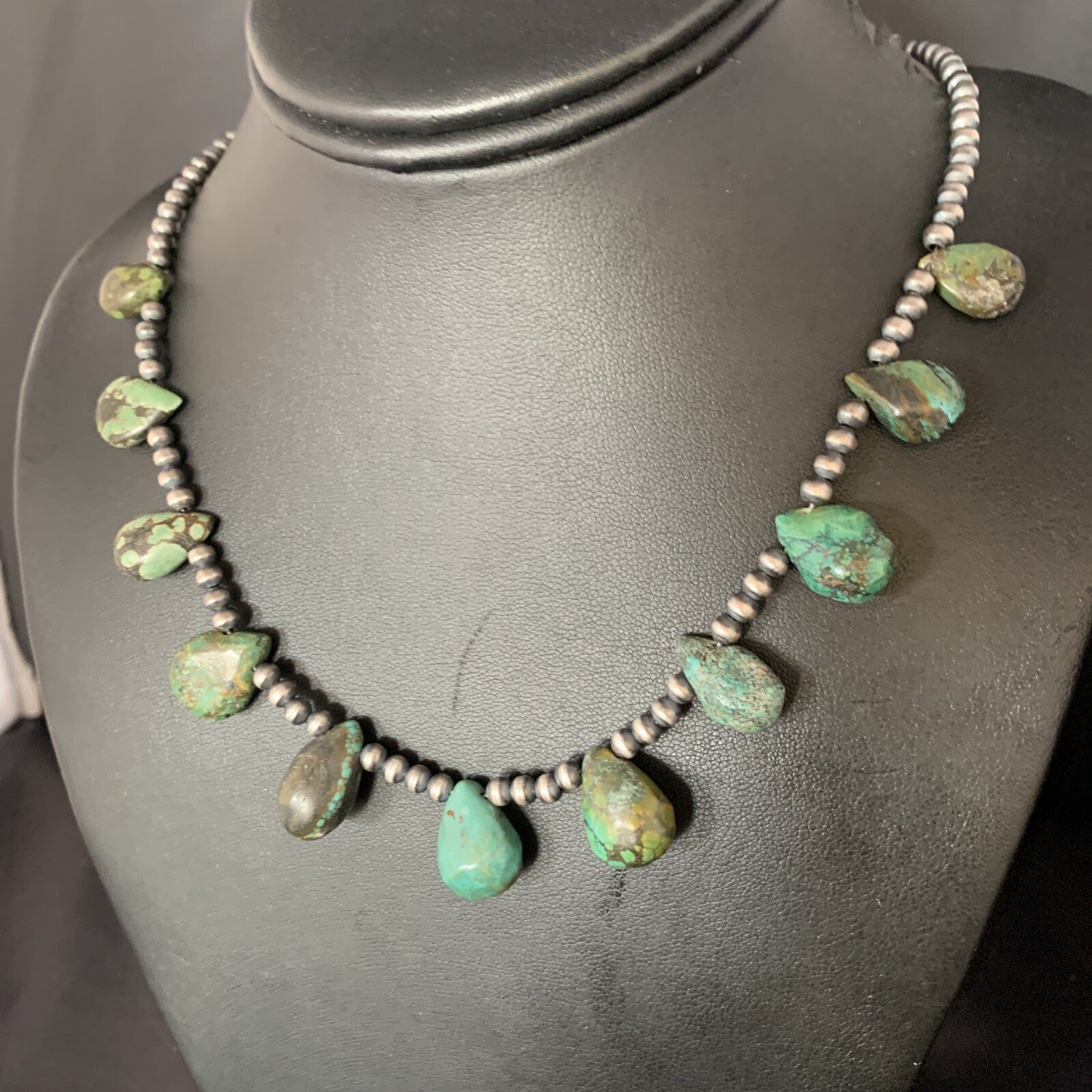 Teardrop Navajo Sterling Silver Green Turquoise Necklace 20" Native 13430