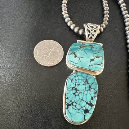Blue Spiderweb Turquoise Pendant Navajo Pearls Sterling Silver Necklace 16008