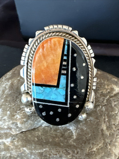 Onyx Turquoise Spiny Navajo Cosmic Inlay Sterling Silver Ring Size 9 19788