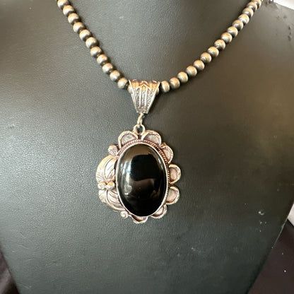 Mens Womens Black Onyx Pendant Navajo Sterling Silver Beads Necklace 18306