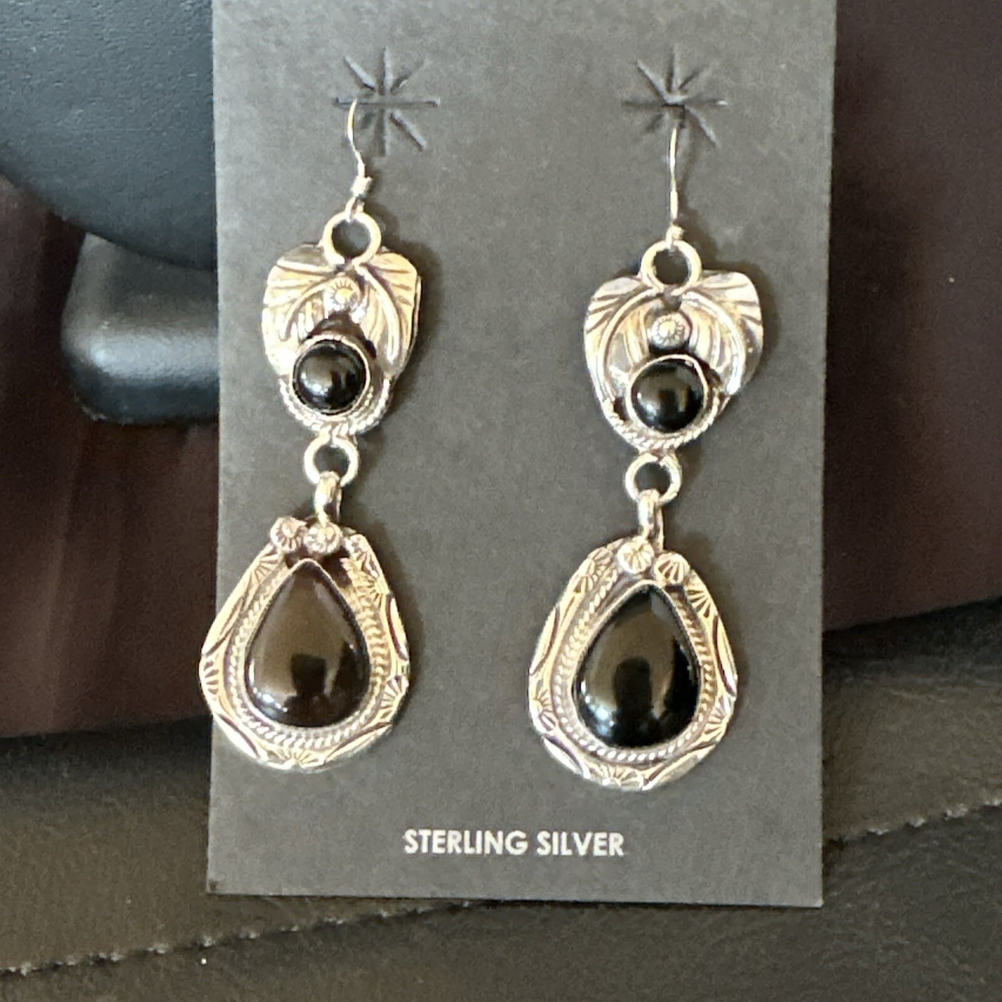 Black Onyx Navajo Sterling Silver Dangle Earrings 1.5" 18286