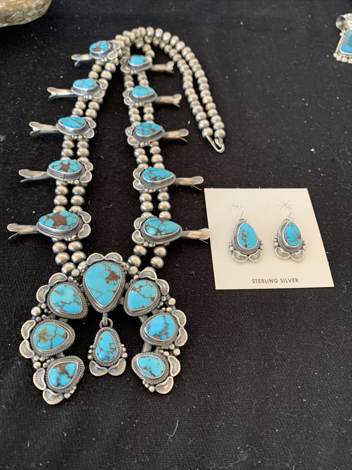 Blue Egyptian Turquoise Sterling Silver Beads Squash Blossom Necklace 17201
