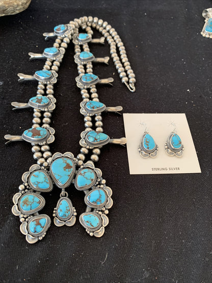 Blue Egyptian Turquoise Sterling Silver Beads Squash Blossom Necklace 17201